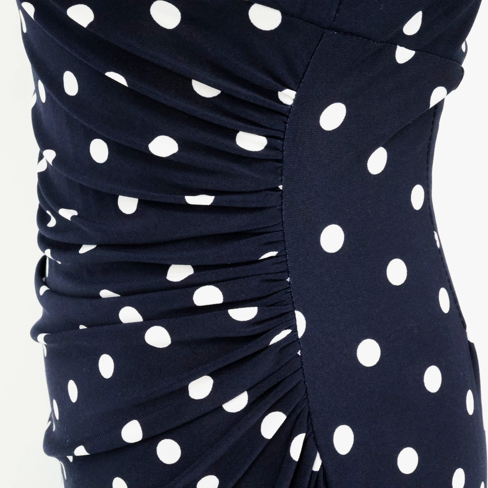 LRL Ralph Lauren Dress Womens 4 Navy Blue White Polka Dot Stretch Knit Faux Wrap - Picture 10 of 15